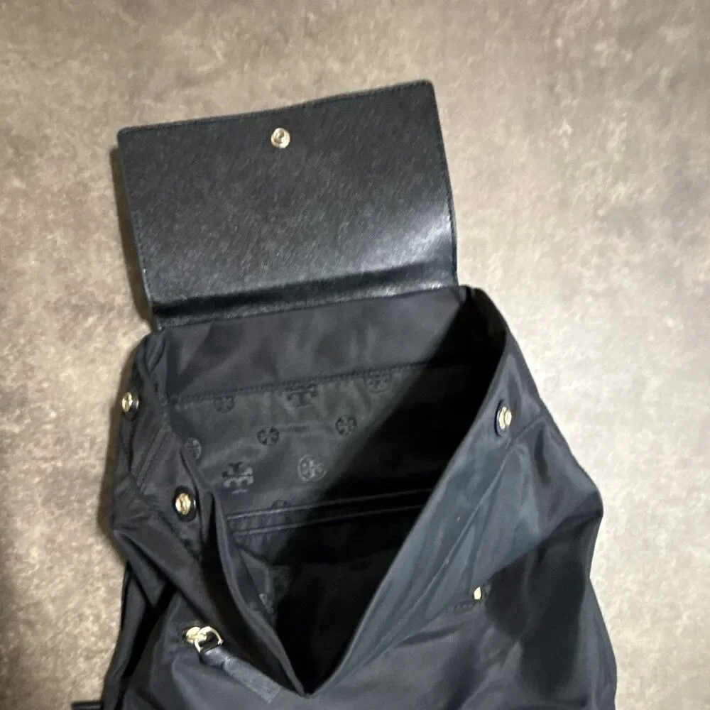 Tory Burch Black Drawstring Backpack Top Handle Gold Hardware Logo Pockets